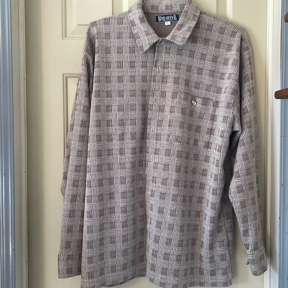 Men’s Long Sleeve Box Office Plaid Flannel Button Up Shirt Beige Size Large
